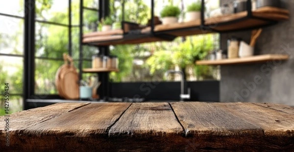 Fototapeta Rustic wooden kitchen countertop, blurry background