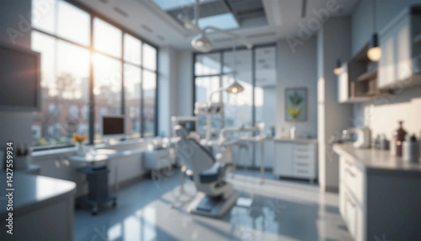 Fototapeta bright and spacious dental clinic with a clean, modern design, softly blurred to create a professional and inviting atmosphere. The perfect background for a cutting-edge dental office.