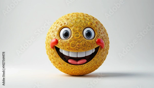 Obraz A cheerful 3D-rendered emoticon, spherical and golden, features a wide grin, large eyes, and rosy cheeks. Its surface boasts a detailed swirling pattern.