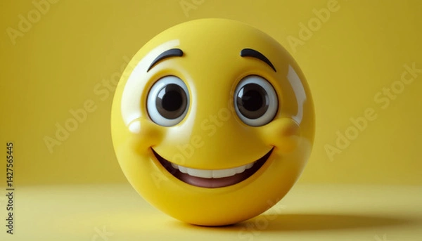 Obraz A cheerful, 3D-rendered yellow smiley face beams against a matching background. Its large eyes and wide grin exude pure, playful joy.