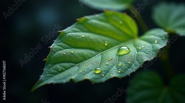Obraz A highly magnified, vibrant green leaf, glistening with tiny water droplets, suspended against a dark, muted background that accentuates the leaf's intricate veins and natural tex