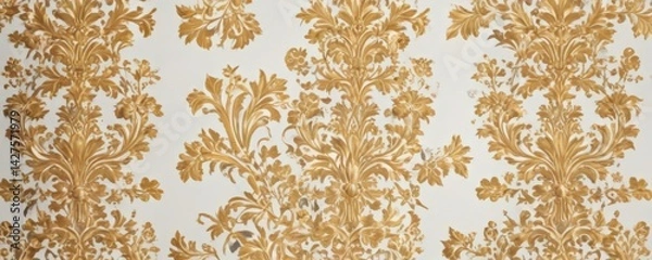 Fototapeta Intricate gold floral damask, white background,  white background,  seamless, damask