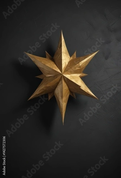 Fototapeta Intricate gold paper star, crumpled texture, black background,  handmade,  elegant,  detail