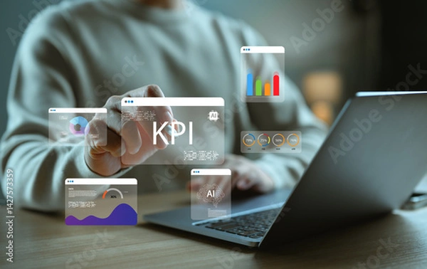 Fototapeta Businessman analyzing KPI dashboard and data analytics using AI technology, showing charts, graphs, and performance indicators for digital strategy, business intelligence, and data visualization.