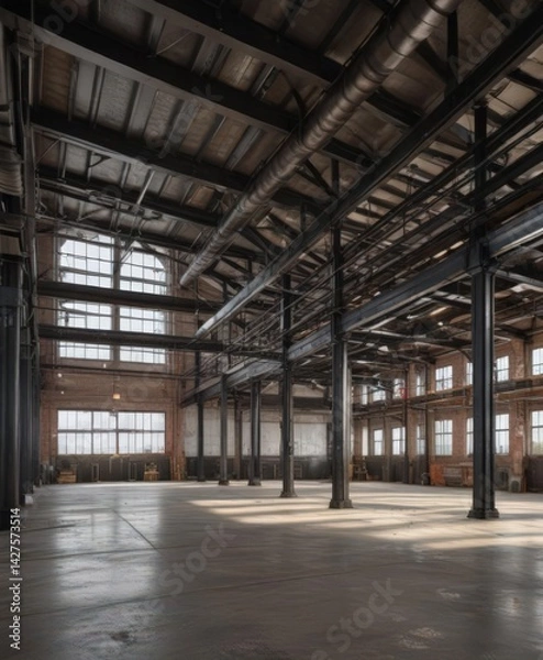 Fototapeta Industrial loft space, high ceiling, exposed metal beams and ductwork , pipework, high ceiling, beams