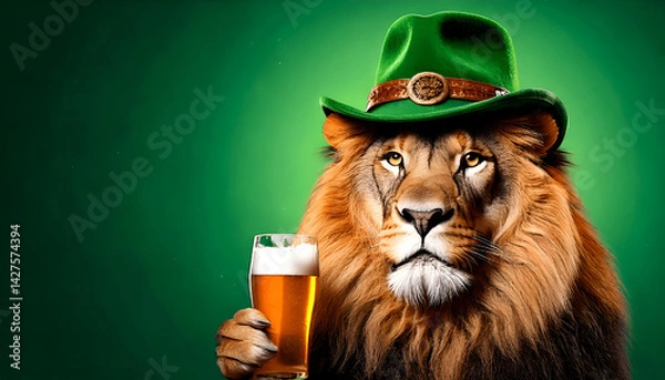 Fototapeta Lion Animated Holding a Beer with Green Gradation Background