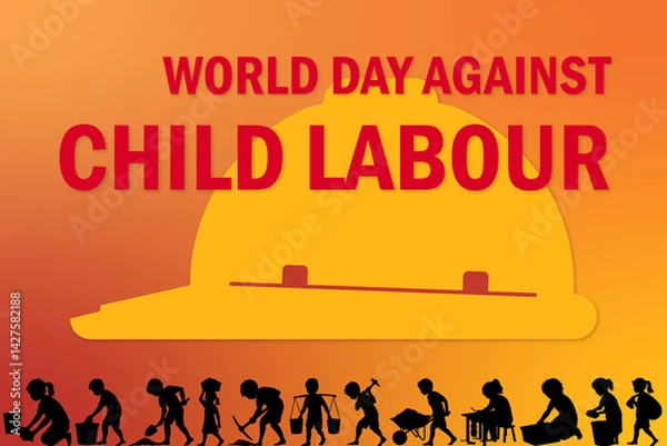 Obraz World Day Against Child Labour vector art. Child labourers in silhouette, with a protective safety helmet. Child worker and child labor awareness campaigns.