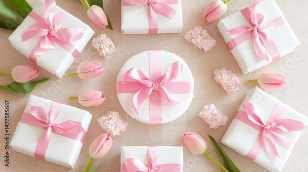 Obraz High-resolution top-down photo of tulips and a white gift box on a solid background, featuring ample text space for greeting cards, gift tags, or marketing materials with detailed floral and box visua