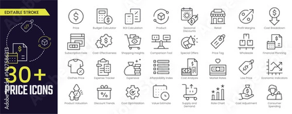 Obraz Price Stroke icon collections. Containing Price, Budget Calculator, Product, Profit Margins, Cost Breakdown, Financial Planning, and Cost Analysis icons. Editable Stroke icon collection Outline icon