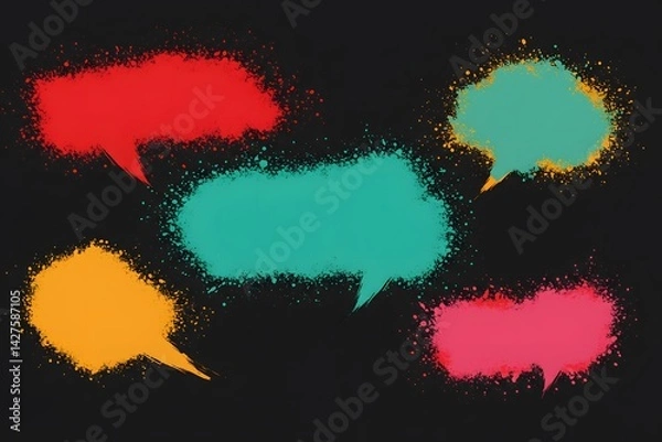 Fototapeta communication concept, neon colors, Colorful speech bubbles symbolize diverse marketing feedback and communication.splatter paint effect, colorful speech bubbles, red orange teal pink yellow