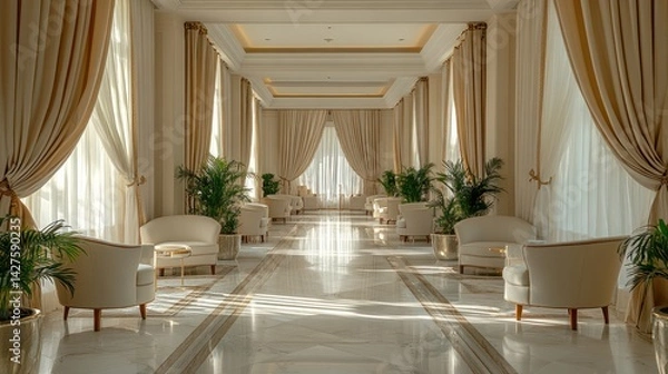 Fototapeta Elegant Hotel Lobby Interior Design: Sunlit Grand Hallway with Luxurious Cream Furnishings and Floor