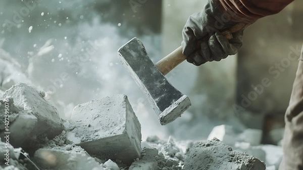 Fototapeta Construction Worker Using a Sledgehammer to Break Concrete