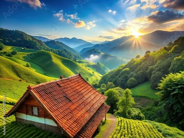 Fototapeta Tiled Roof Mountain Landscape AI Photo, Green Hills, Architecture, Scenery