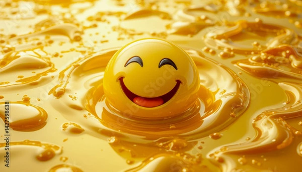 Obraz A 3D-rendered smiley face floats serenely in a pool of vibrant, swirling yellow liquid, creating a cheerful and visually appealing image.