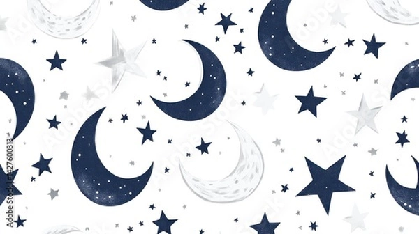Fototapeta Celestial pattern of navy and silver moons and stars