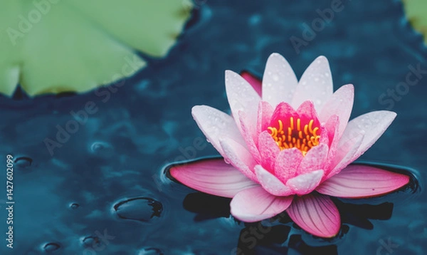 Obraz Pink Lotus Flower Floating on Water with Dew Drops and Lily Pads

