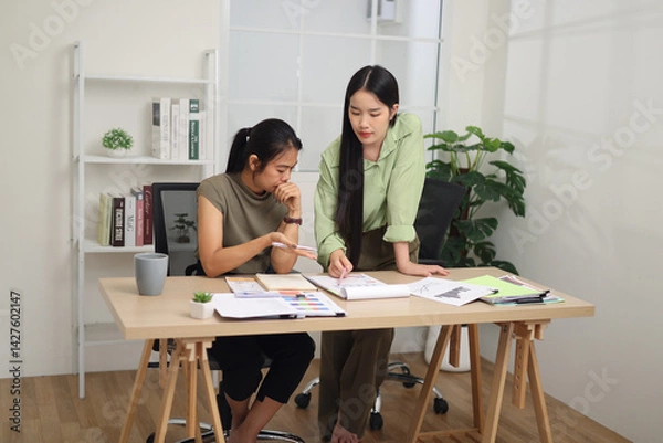 Obraz Portrait of Two female colleagues are working together in an office. One stands explaining the work, while the other sits and listens with interest.