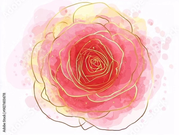 Fototapeta Minimalistic watercolor rose flower with gold line accents in pink and red pastel tones, isolated on white background in flat 2D vector illustration style.  
