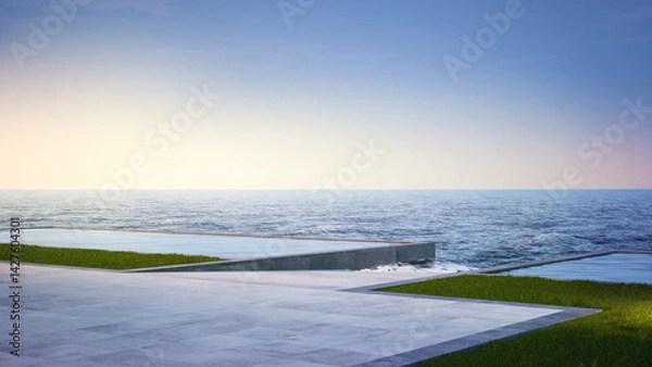 Fototapeta Empty concrete floor terrace near water in pond. 3d rendering of pool with sea and clear sky background.