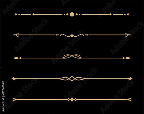 Fototapeta Set of Vintage decorative golden lines. text dividers. Gold line border. Lines separators, Borders, Vintage dividers, Underline elements. Vector illustration