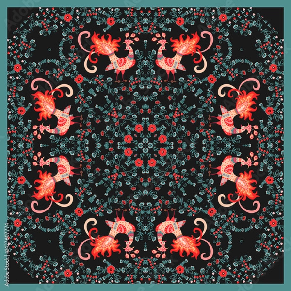 Fototapeta Beautiful pattern for a square carpet or pillow with fairy birds and ornaments of leaves, flowers and berries. Natural print in ethnic style.