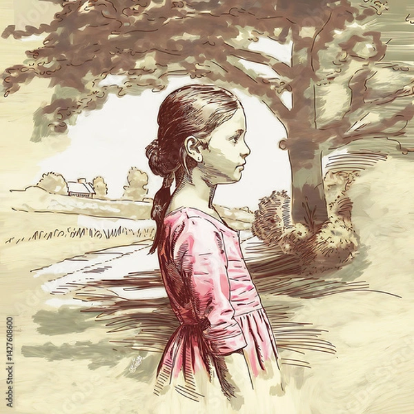 Fototapeta A sketch of a picturesque portrait of a girl in profile