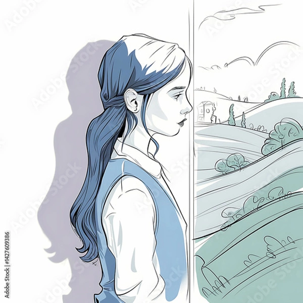 Fototapeta A sketch of a picturesque portrait of a girl in profile