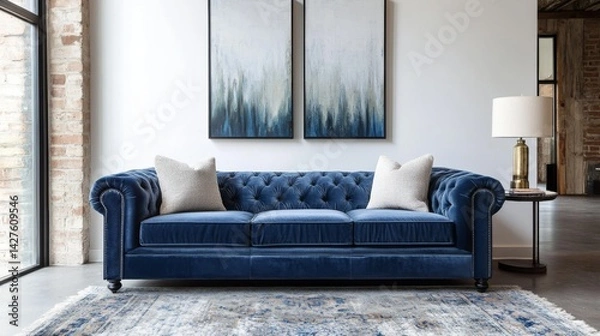 Fototapeta A spacious living area featuring a luxurious velvet sofa, with a chic rug and modern artwork on the walls, emphasizing sophistication and comfort.