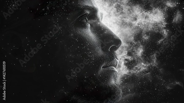 Fototapeta A monochromatic human face dissolves upward into delicate dust motes, merging with an otherworldly gradient sky of light and shadow HD 8K wallpaper Photographic Image