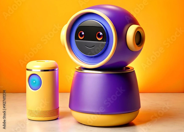 Fototapeta Friendly Social Robot with LED Ring and Expressive Eye Display on Tabletop