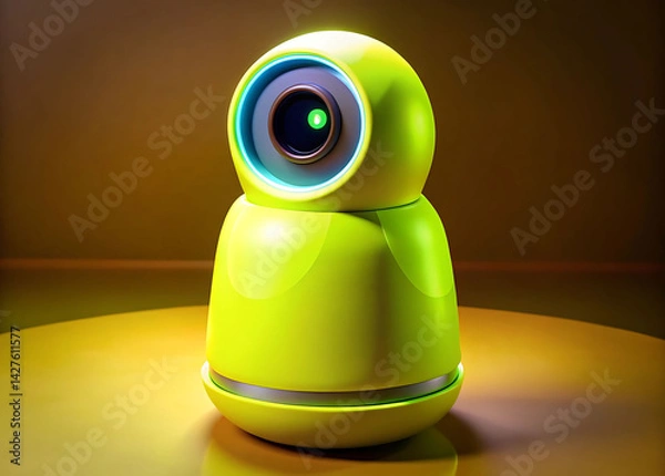 Fototapeta Friendly Social Robot with LED Ring and Expressive Eye Display on Tabletop