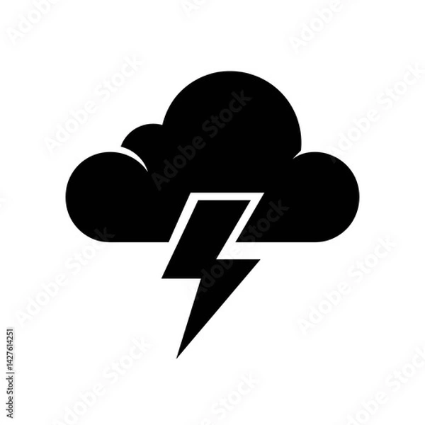 Fototapeta A bold black silhouette of a cloud with a lightning bolt underneath, concept for weather app icons, warning signs, or safety alerts