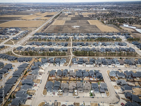 Fototapeta View of a residential neighborhood with many houses and a few cars