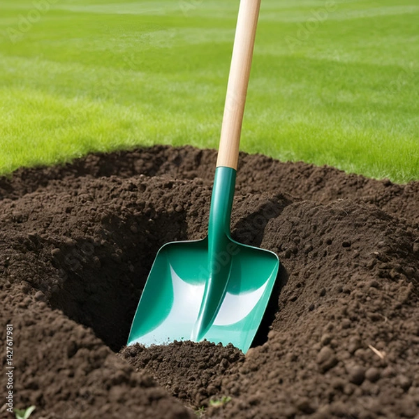 Fototapeta Shovel in soil outdoors, space for text. Gardening tool