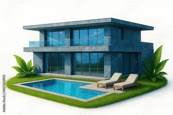 Fototapeta Modern real estate 3D icon showcasing sleek architecture and outdoor pool area in a serene landscape setting