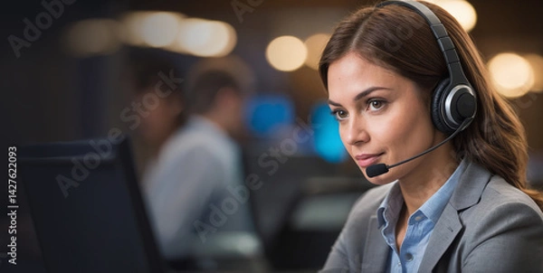 Fototapeta Professional Call Center Agent Providing Customer Support, Confident call center operator offering assistance through telephone contact for reliable customer support and communication service.