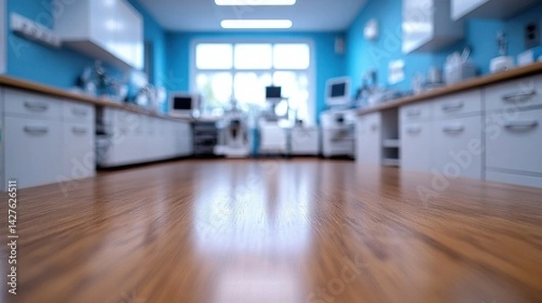 Fototapeta Foreground includes a polished wooden table, background reveals a brightly lit doctor's office with medical devices and clean white cabinets, no people