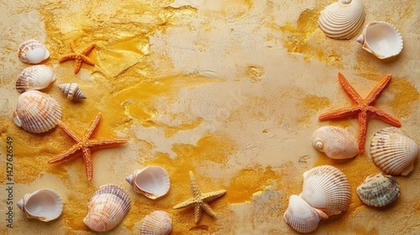 Fototapeta Sea shells and starfish are scattered along the shoreline, glistening under the soft morning sun. 
