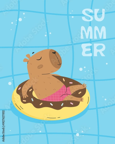 Obraz Summer poster with capybara relax in the pool