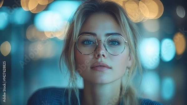 Obraz Portrait of a thoughtful pensive young blonde woman wearing glasses looking seriously at the against a blurred lights background creating a and moody atmosphere