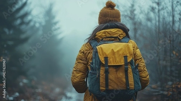 Obraz Adventurous woman with backpack hiking on trail through misty atmospheric autumn forest landscape  Concept of outdoor connection with nature