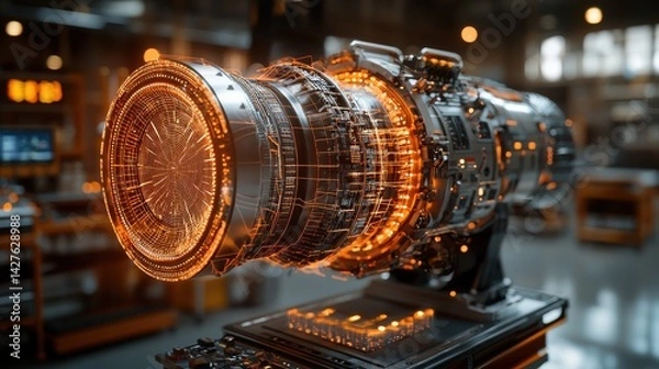 Obraz Detailed view of a powerful jet engine turbine with an intricate glowing metallic design  This image showcases the advanced engineering and complex mechanics of modern aviation technology