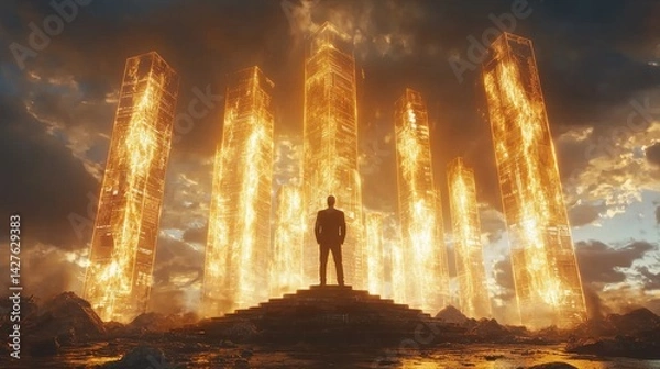 Obraz A lone figure stands silhouetted against a dramatic skyscape with towering glowing structures that seem to reach up towards the heavens creating a powerful futuristic and surreal atmosphere