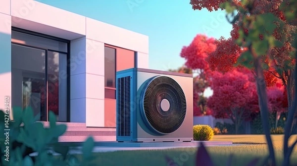 Fototapeta Modern Heat Pump in Autumn Garden with EcoFriendly Home.