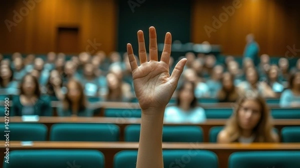 Obraz Raised hand of a student or participant in a crowded lecture hall or auditorium during a university presentation seminar or academic event
