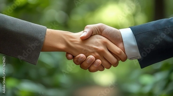 Obraz Two business professionals in formal attire shaking hands to seal a successful partnership agreement or deal symbolizing a shared vision for growth and success