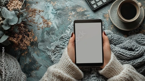 Obraz Overhead view of a woman s hand holding a smartphone on a cozy desk with a coffee mug indoor plants and other office accessories creating a warm and productive work environment