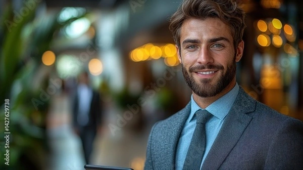 Obraz Portrait of a confident and well dressed businessman posing in a formal suit under the blurred lights of a city skyline at night conveying a sense of success leadership