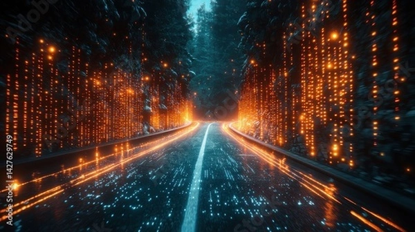 Obraz Mesmerizing futuristic city lights illuminating an ethereal glowing tunnel highway skyline at night  Captivating digital visualization of a surreal modern urban landscape