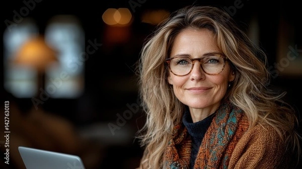 Obraz Portrait of a confident and successful blonde woman wearing glasses and smiling while sitting at a desk in a modern and cozy office environment
